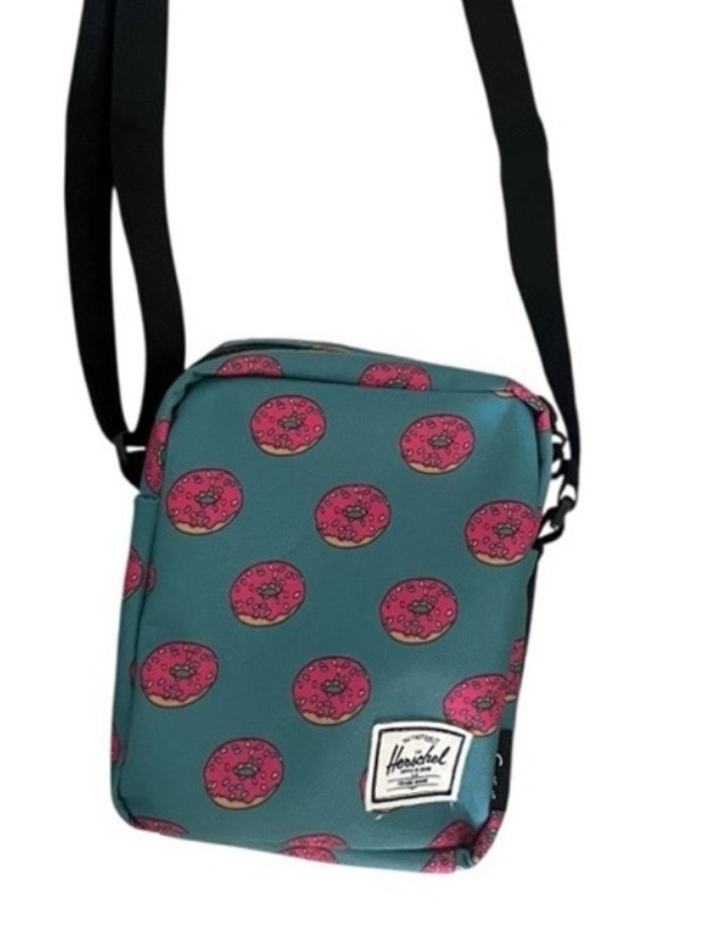 Herschel Teal Crossbody Bag with Homer Simpson’s Pink Donut Print